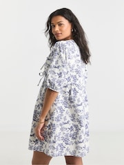 Simply Be White 100% Cotton Mix Floral Tie Front Denim Dress - Image 2 of 4
