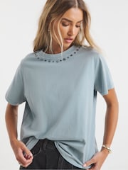 Simply Be Blue Embellished Neckline T-Shirt - Image 1 of 4