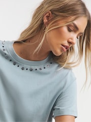 Simply Be Blue Embellished Neckline T-Shirt - Image 3 of 4