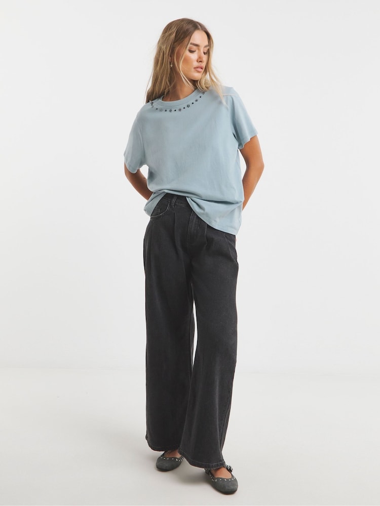 Simply Be Blue Embellished Neckline T-Shirt - Image 4 of 4