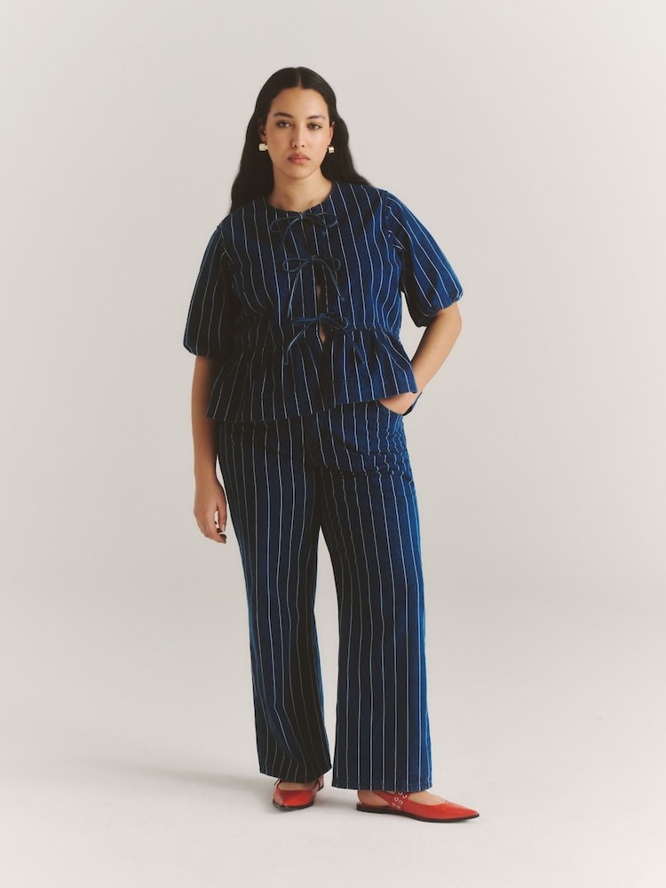 Simply Be Blue Denim Tie Front Peplum Blouse - Image 2 of 6