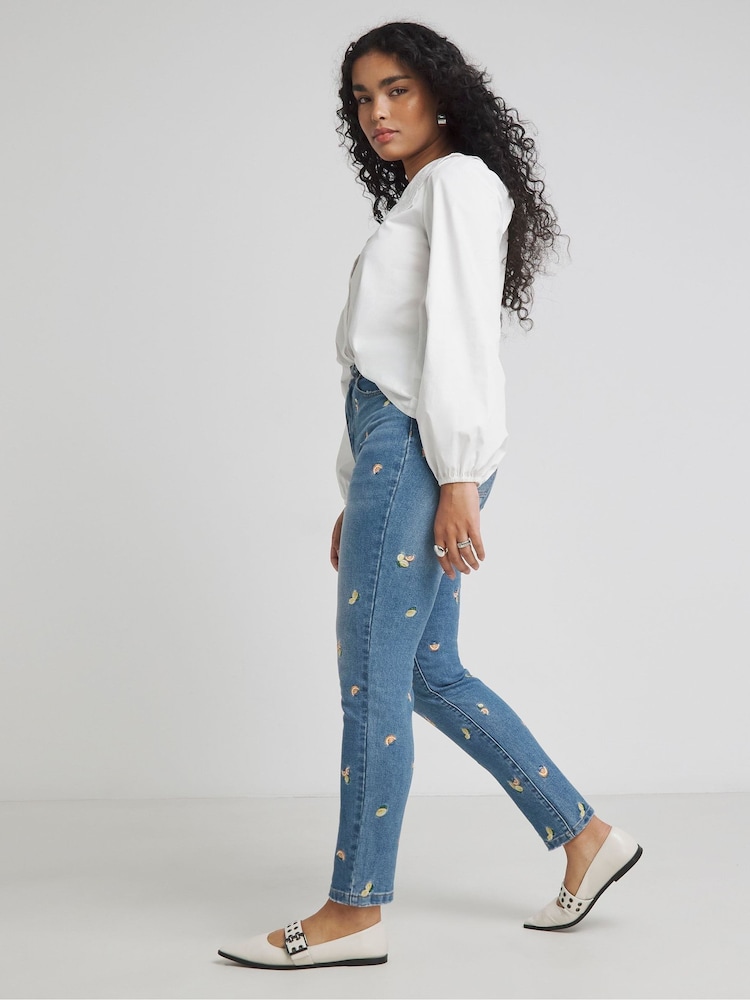 Simply Be Blue Slim Fruit Embroidered Mom Jeans - Image 4 of 4