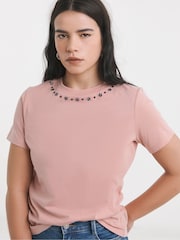 Simply Be Pink Embellished Neckline T-Shirt - Image 1 of 4