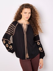 Apricot Black Tassel Embroidered Blouse - Image 1 of 4