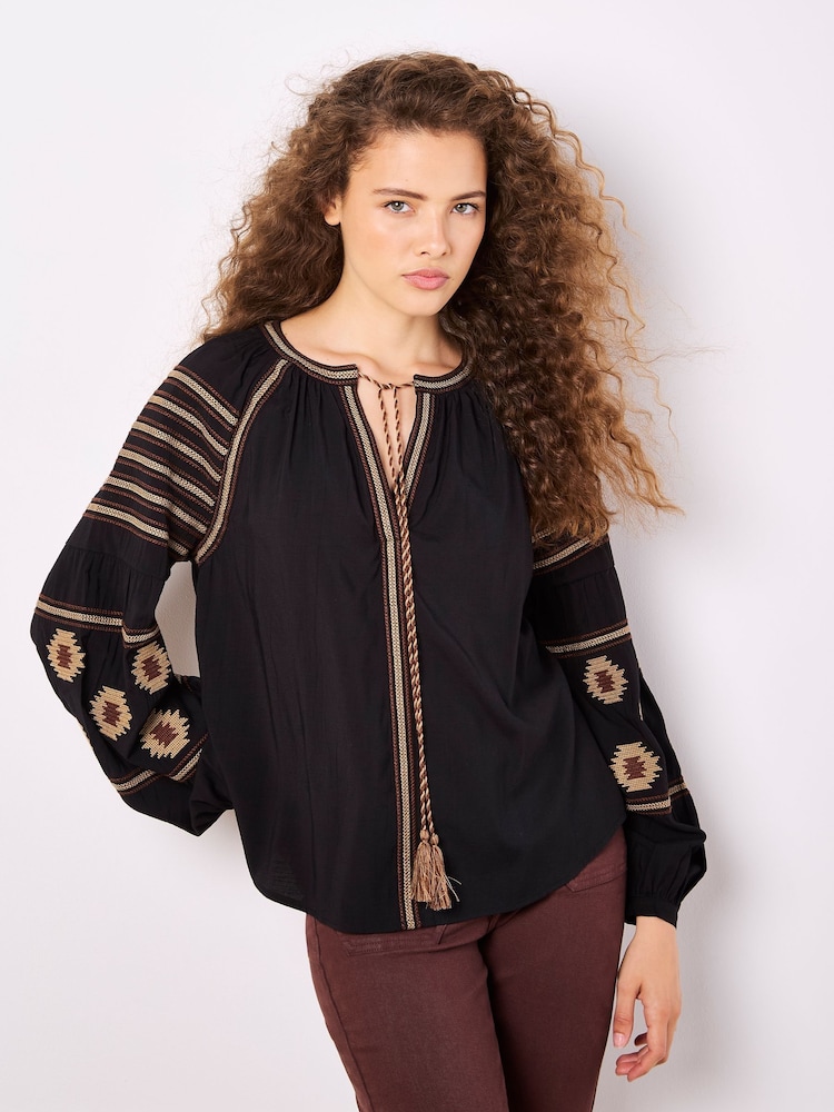 Apricot Black Tassel Embroidered Blouse - Image 1 of 4