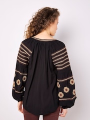 Apricot Black Tassel Embroidered Blouse - Image 2 of 4