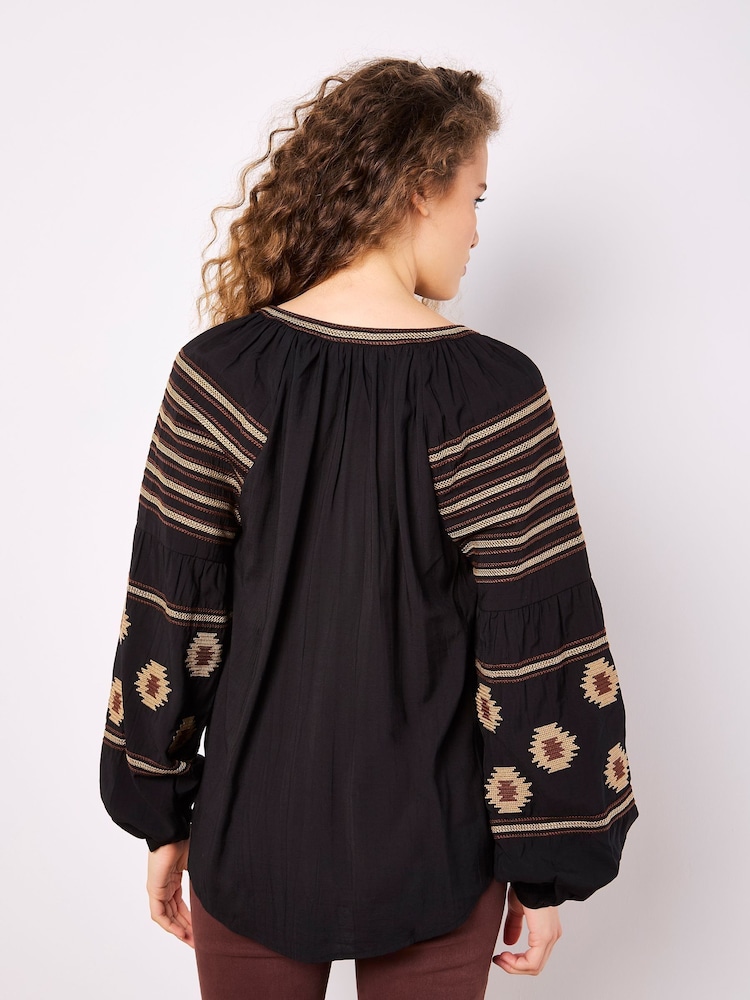 Apricot Black Tassel Embroidered Blouse - Image 2 of 4