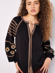 Apricot Black Tassel Embroidered Blouse - Image 3 of 4