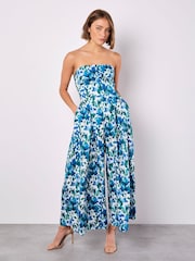Apricot Blue Ikat Floral Print Bardot 100% Cotton Jumpsuit - Image 1 of 4