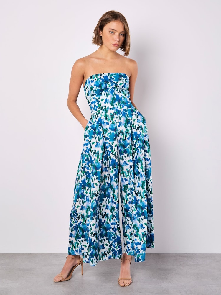 Apricot Blue Ikat Floral Print Bardot 100% Cotton Jumpsuit - Image 1 of 4