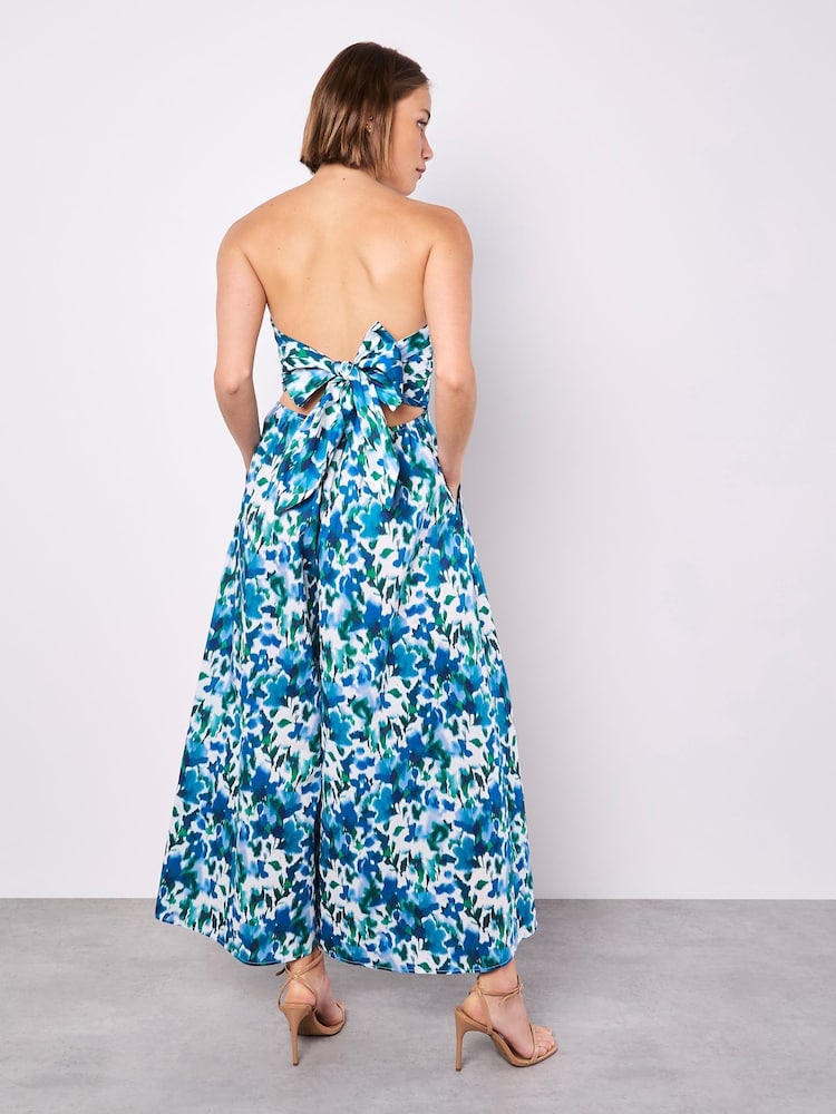 Apricot Blue Ikat Floral Print Bardot 100% Cotton Jumpsuit - Image 2 of 4