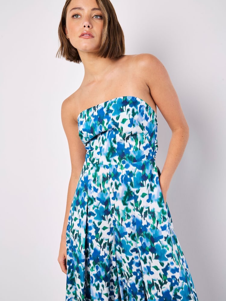 Apricot Blue Ikat Floral Print Bardot 100% Cotton Jumpsuit - Image 4 of 4