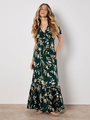 Apricot Green Watercolour Floral Smock Maxi Dress - Image 1 of 4