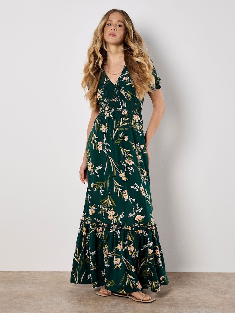 Apricot Green Watercolour Floral Smock Maxi Dress - Image 1 of 4