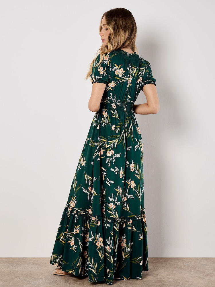 Apricot Green Watercolour Floral Smock Maxi Dress - Image 2 of 4