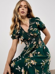 Apricot Green Watercolour Floral Smock Maxi Dress - Image 3 of 4