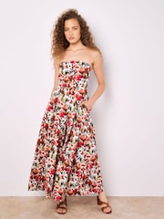 Apricot Red Ikat Floral Print Bardot 100% Cotton Jumpsuit - Image 1 of 6