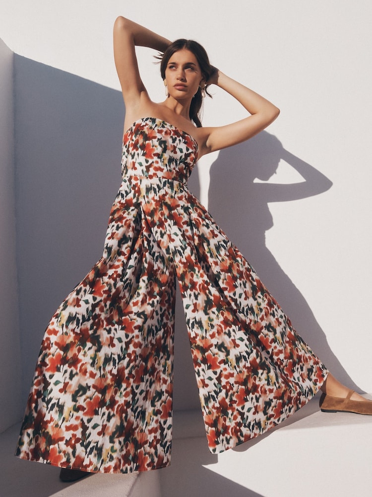Apricot Red Ikat Floral Print Bardot 100% Cotton Jumpsuit - Image 1 of 6