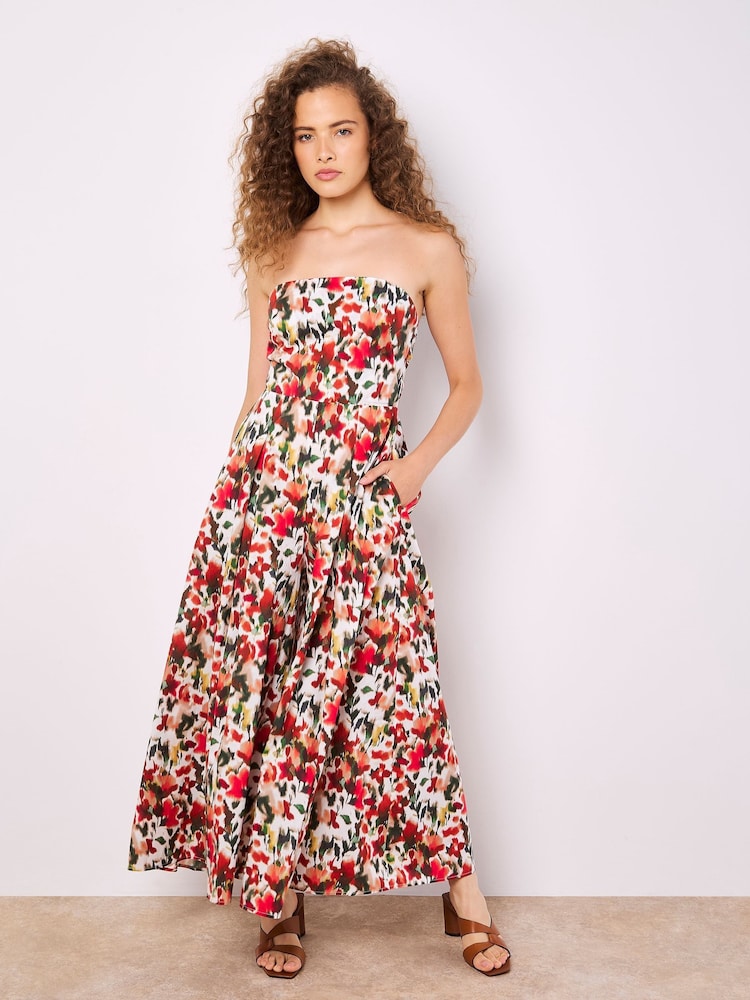 Apricot Red Ikat Floral Print Bardot 100% Cotton Jumpsuit - Image 2 of 6