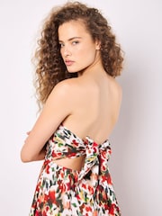 Apricot Red Ikat Floral Print Bardot 100% Cotton Jumpsuit - Image 4 of 6