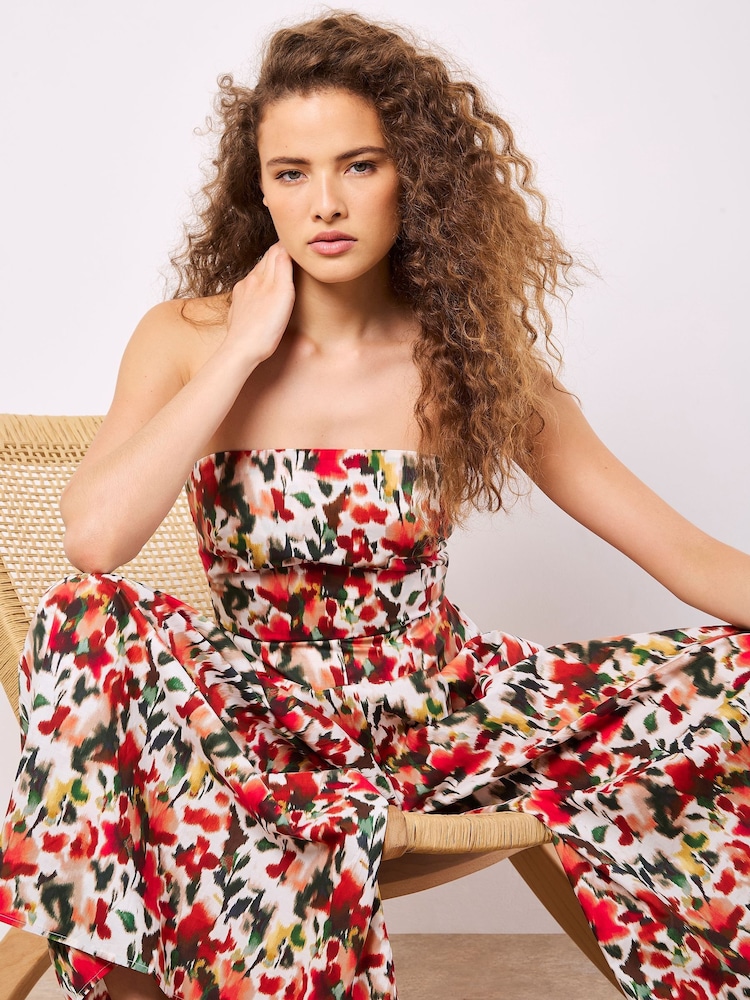 Apricot Red Ikat Floral Print Bardot 100% Cotton Jumpsuit - Image 6 of 6