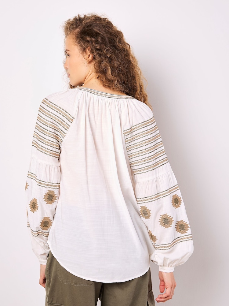 Apricot White Tassel Embroidered Blouse - Image 2 of 5