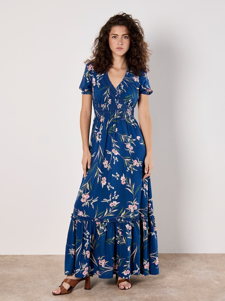 Apricot Blue Watercolour Floral Smock Maxi Dress - Image 2 of 5