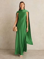 Reiss Green Fae Petite Satin Cape Maxi Dress - Image 3 of 8
