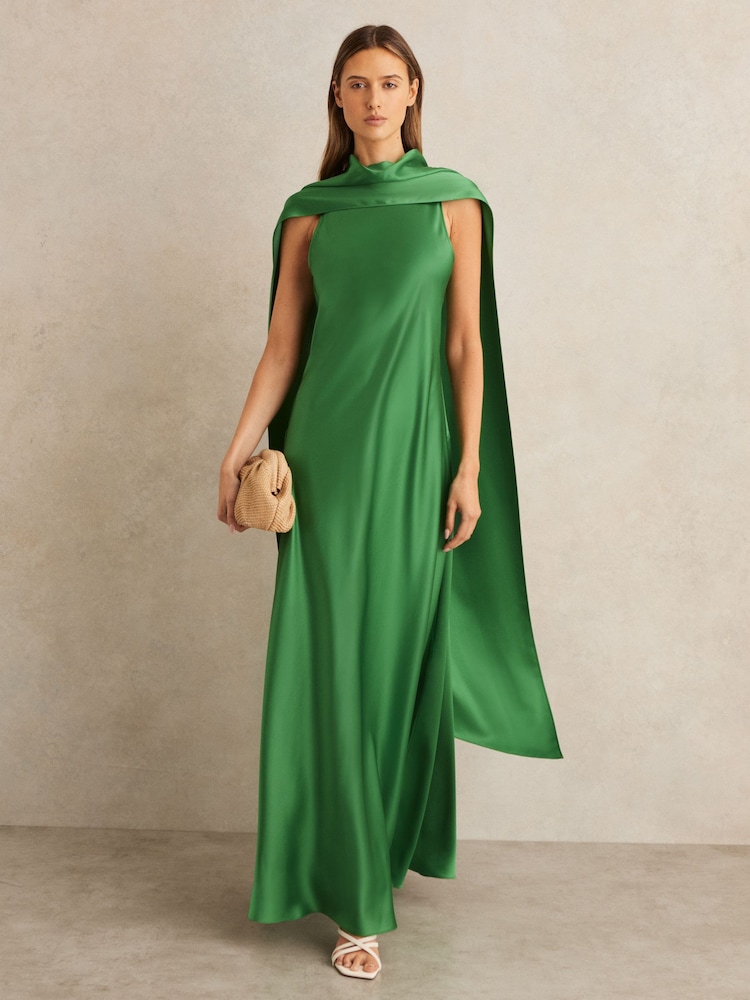 Reiss Green Fae Petite Satin Cape Maxi Dress - Image 3 of 8