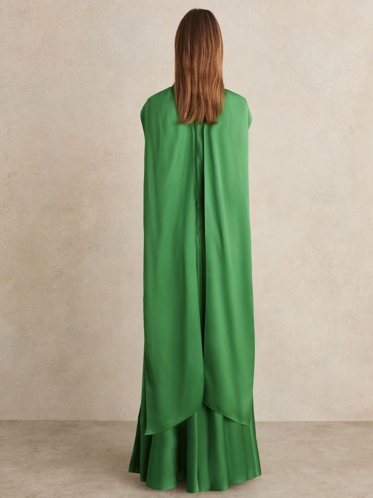 Reiss Green Fae Petite Satin Cape Maxi Dress - Image 5 of 8