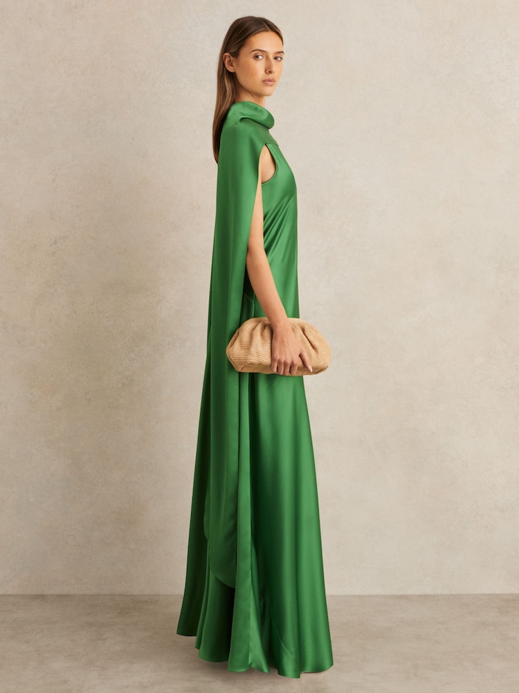 Reiss Green Fae Petite Satin Cape Maxi Dress - Image 6 of 8