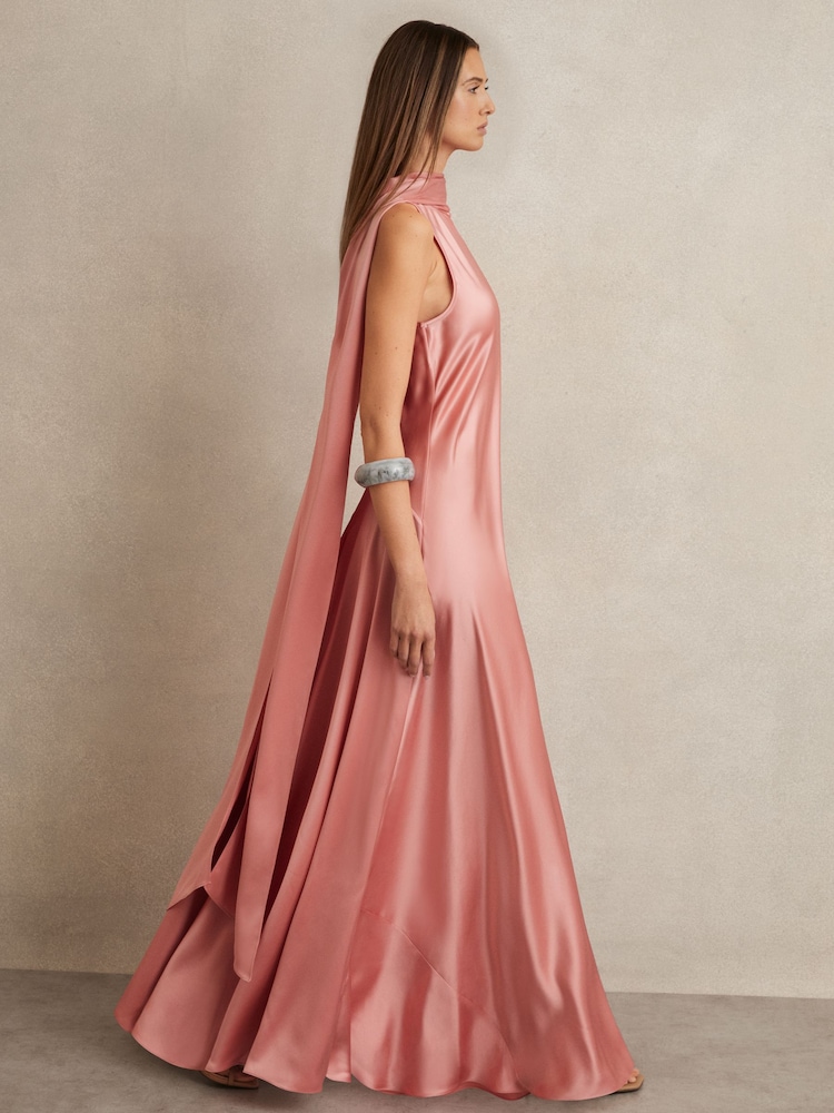 Reiss Pink Fae Petite Satin Cape Maxi Dress - Image 3 of 6