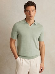 Reiss Sage Green Melange Duchie Merino Wool Open-Collar Polo Shirt - Image 1 of 6