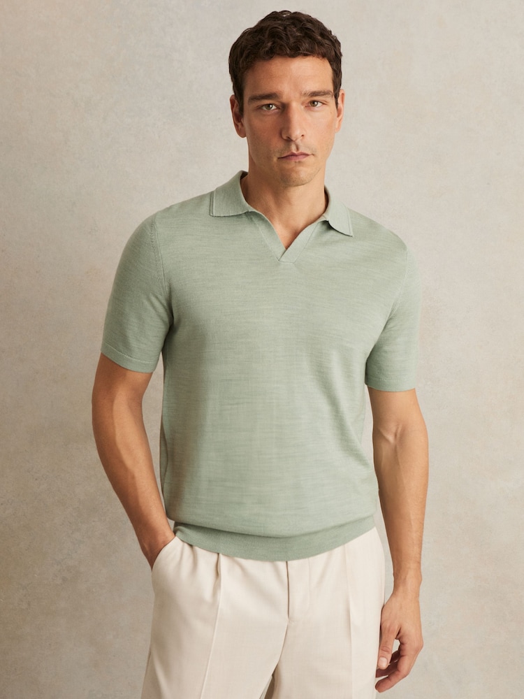 Reiss Sage Green Melange Duchie Merino Wool Open-Collar Polo Shirt - Image 1 of 6