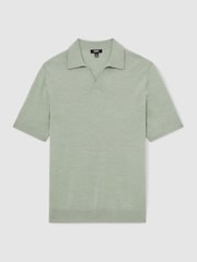 Reiss Sage Green Melange Duchie Merino Wool Open-Collar Polo Shirt - Image 2 of 6