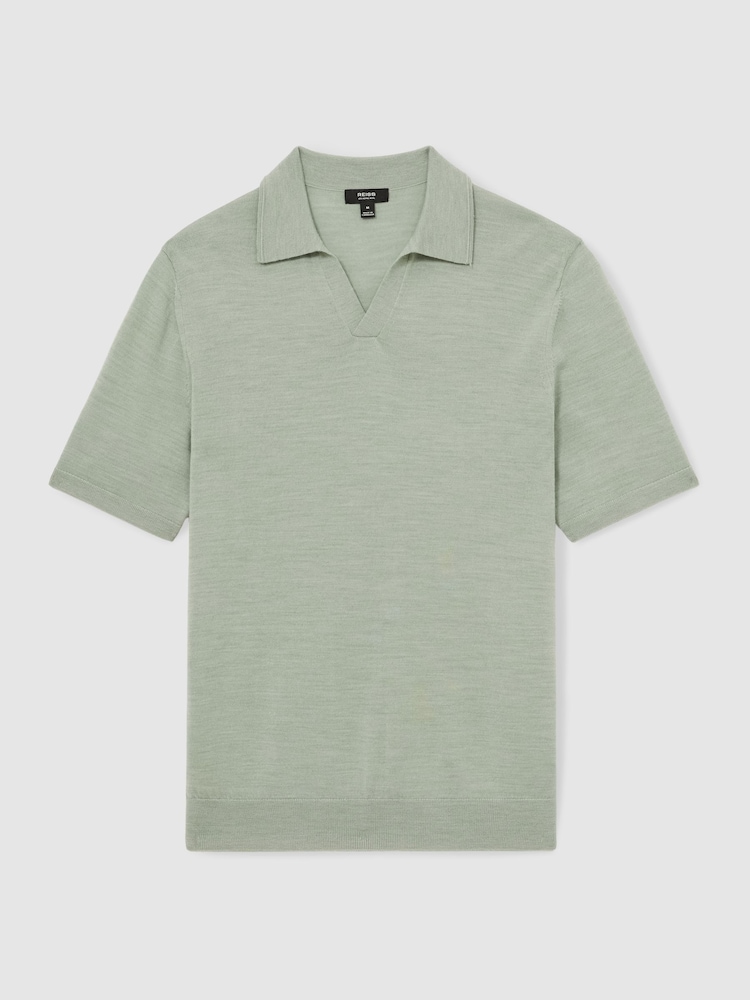 Reiss Sage Green Melange Duchie Merino Wool Open-Collar Polo Shirt - Image 2 of 6