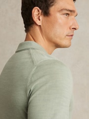 Reiss Sage Green Melange Duchie Merino Wool Open-Collar Polo Shirt - Image 3 of 6