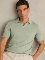 Reiss Sage Green Melange Duchie Merino Wool Open-Collar Polo Shirt - Image 4 of 6