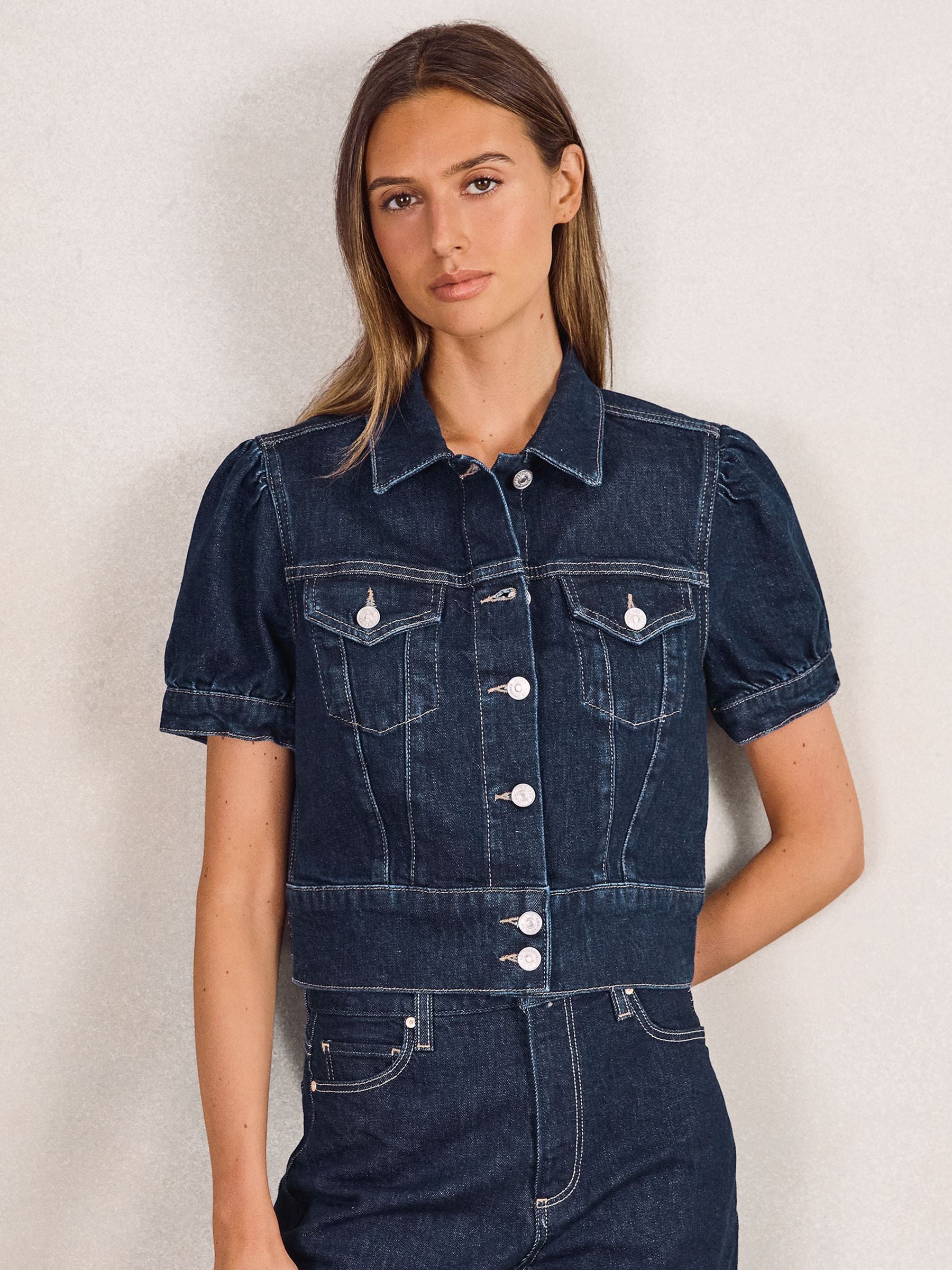 Paige Puff-sleeve Short Denim Jacket In Blue
