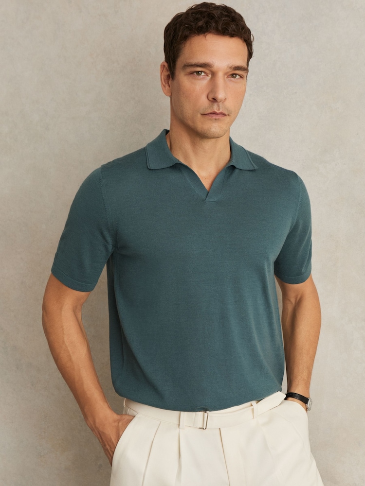 Reiss Orion Blue Duchie Merino Wool Open-Collar Polo Shirt - Image 1 of 5