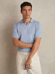 Reiss Soft Blue Duchie Merino Wool Open-Collar Polo Shirt - Image 1 of 6