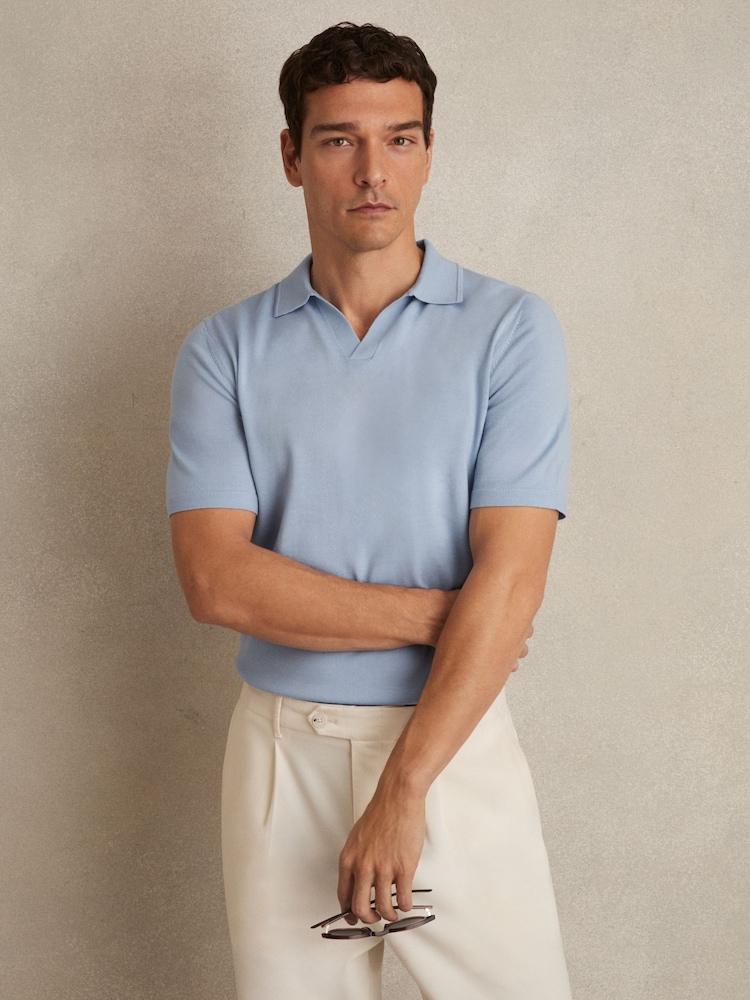 Reiss Soft Blue Duchie Merino Wool Open-Collar Polo Shirt - Image 1 of 6