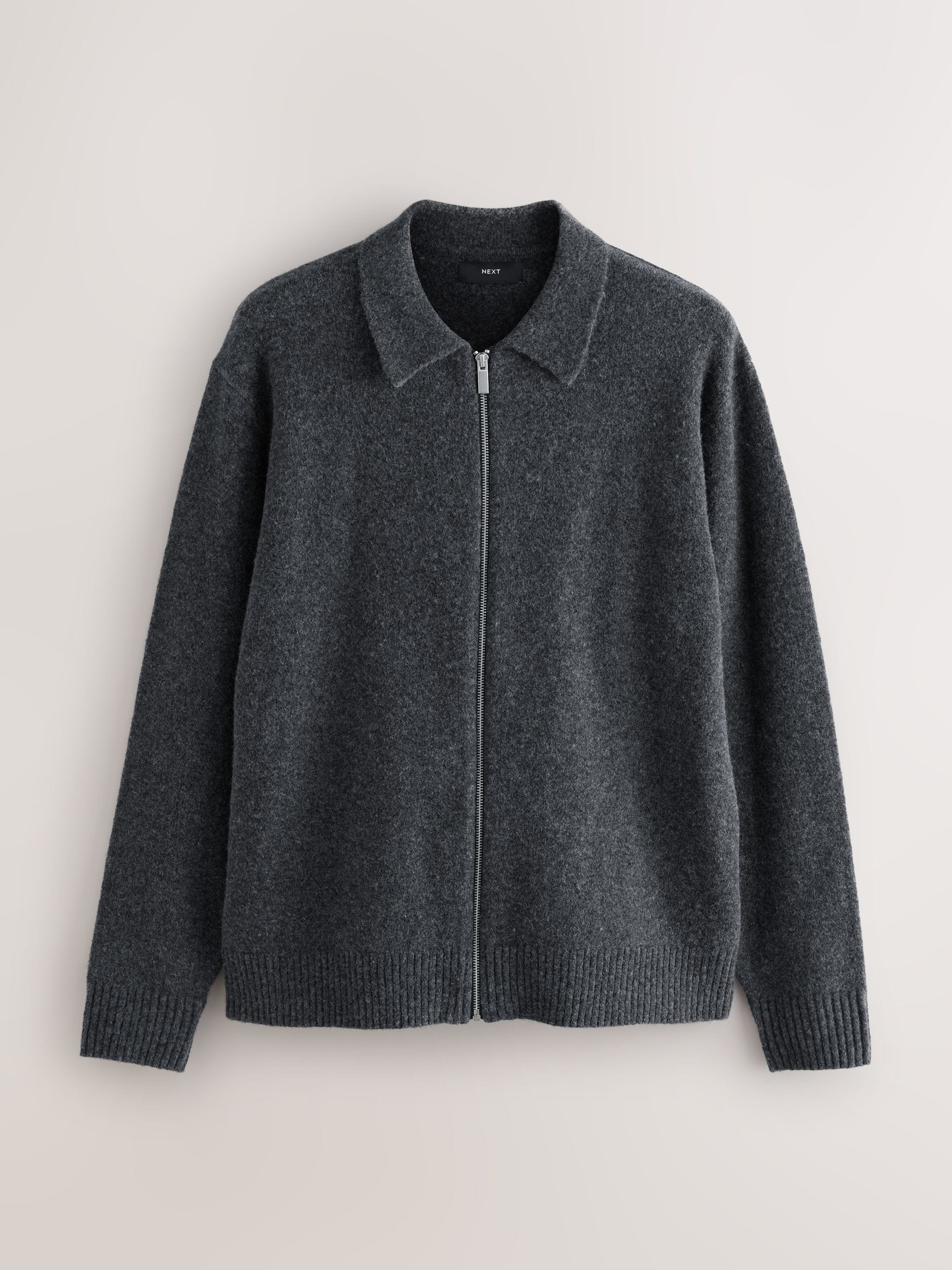 Buy Charcoal Grey Plain Relaxed Fit Cosy Zip Through Collared