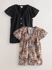 Black/Animal Print Button Down Ruffle Sleeve Tops With Linen 2 Pack - Image 1 of 5