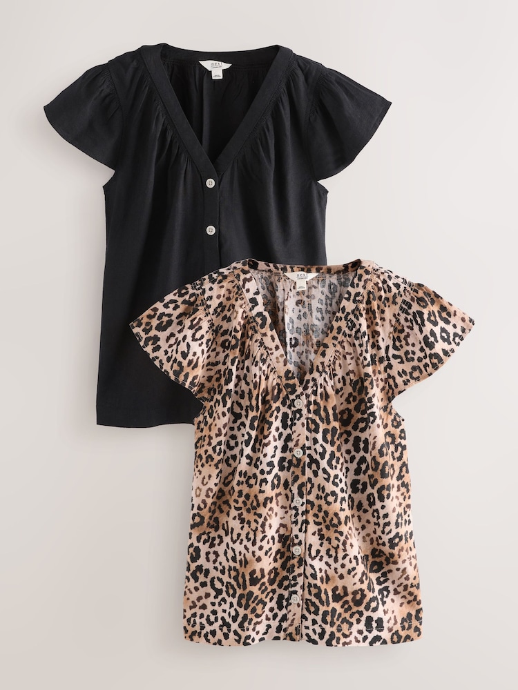 Black/Animal Print Button Down Ruffle Sleeve Tops With Linen 2 Pack - Image 1 of 5 Black/Animal Print Button Down Ruffle Sleeve Tops With Linen 2 Pack - Image 1 of 5