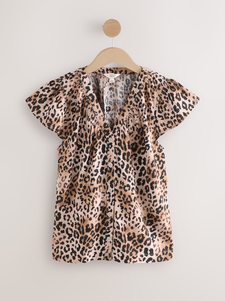 Black/Animal Print Button Down Ruffle Sleeve Tops With Linen 2 Pack - Image 2 of 5