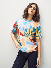 White/Sunshine Print Short Sleeve Boxy T-Shirts 2 Pack with Linen - Image 1 of 11