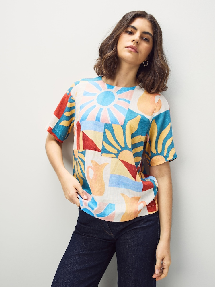 White/Sunshine Print Short Sleeve Boxy T-Shirts 2 Pack with Linen - Image 1 of 11 White/Sunshine Print Short Sleeve Boxy T-Shirts 2 Pack with Linen - Image 1 of 11