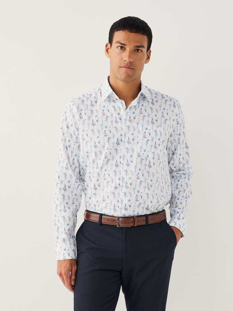 White Blue Floral Print Regular Fit Long Sleeve Shirt - Image 1 of 8 White Blue Floral Print Regular Fit Long Sleeve Shirt - Image 1 of 8