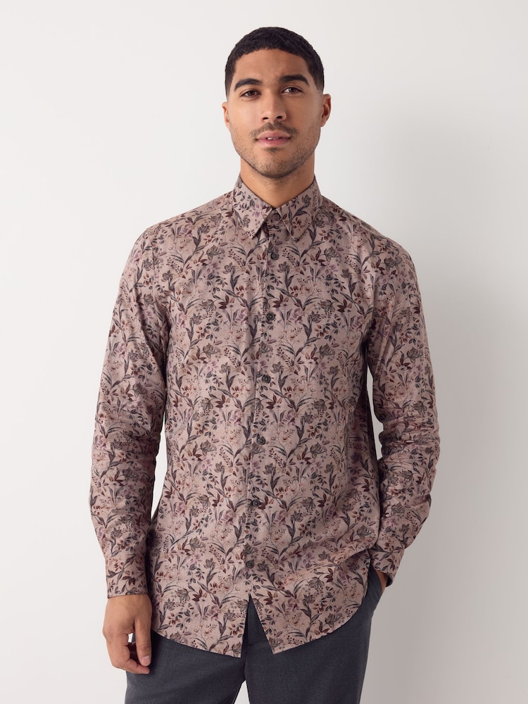 Neutral Brown Floral Regular Fit Long Sleeve Shirt - Image 2 of 9 Neutral Brown Floral Regular Fit Long Sleeve Shirt - Image 2 of 9